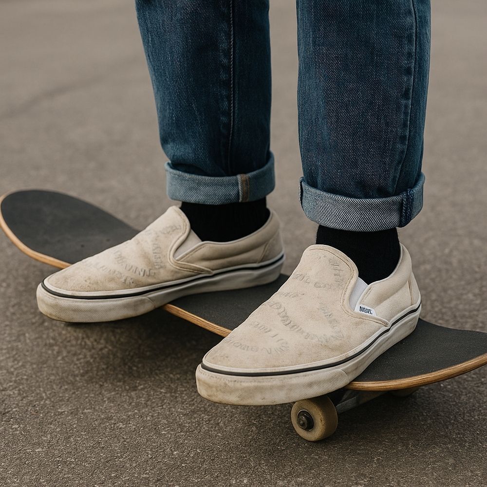 Vans Off White Suede Slip-On Sneakers 7/ 8.5 Skater Grunge Core Thrashed Embroid